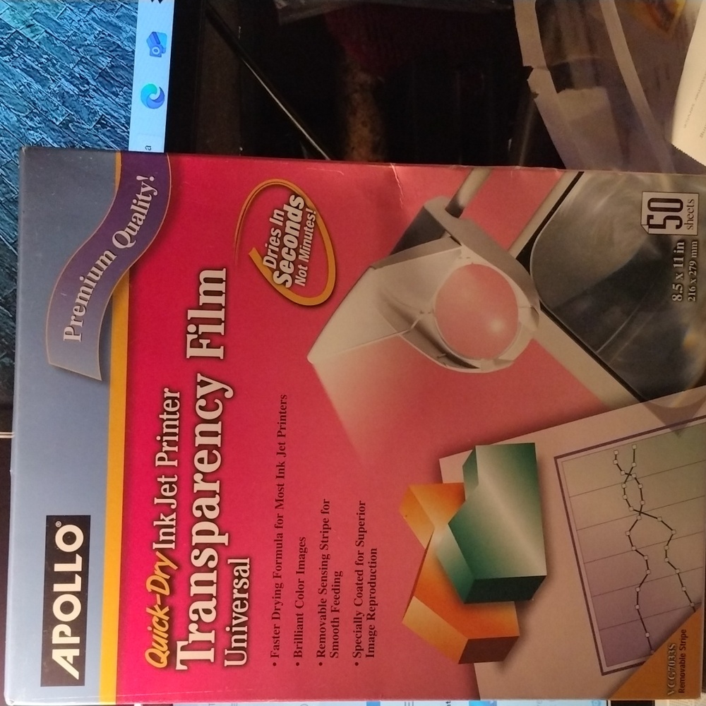 Apollo Quick-Dry Inkjet Transparency Film. 8.5 x 11,  50 Sheets.  Box B